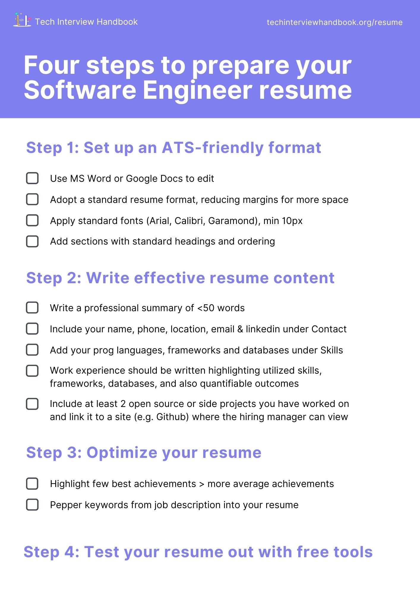 Summary checklist of the four key steps to create a great software engineering resume Summary of the 4 steps to create a great software engineering resume, in checklist format